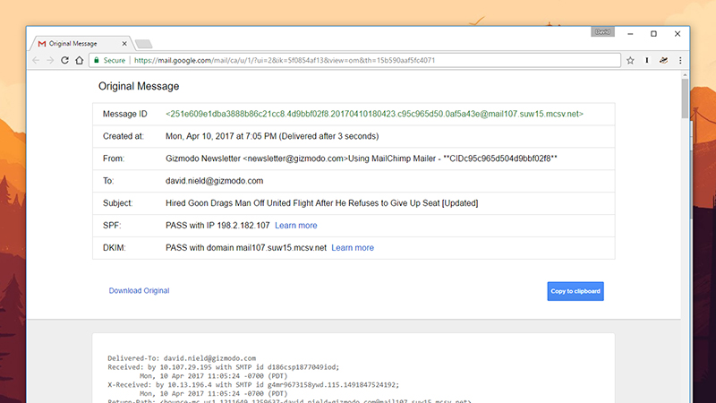 View email headers for full details. Image: Screenshot